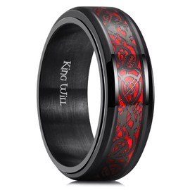 King Will Spinner 8mm Stainless Steel Ring Anxiety Relief Red Celtic Dragon Black Carbon Fibre Inlay Fidget Wedding Ring 10