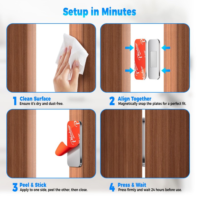 PHIXBEAR 9 Pairs Ultra-Thin Magnetic Cabinet Door Catch, No-Drill Adhesive