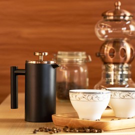 MaxMiuly Kaffeebereiter French Press 0,35 Liter Klein Kaffeezubereiter Doppelwandig Edelstahl Französische Kaffeepresse inikl. Ersatzfilter 350ml, 2 Tassen, Schwarz