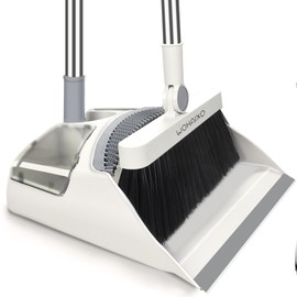 WOHAIXO Broom and Dustpan Set with Long Handle, Upright Standing Dustpan with Teeth Comb, White