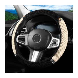 FALVFUN Bling Car Steering Wheel Cover, 15 Inch Crystal Rhinestones Elastic Stretch Breathable Vehicle Steering Wheel Protector for Women Girls, Universal Auto Interior Accessories (Black Beige)