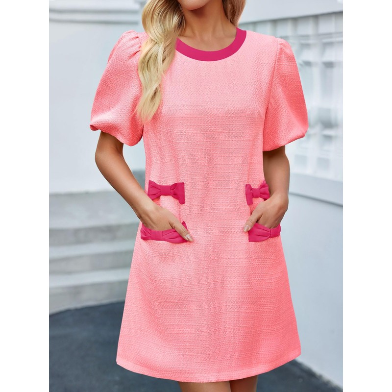 Wenrine Womens Summer Mini Dress Casual Tweed Short Sleeve Bow