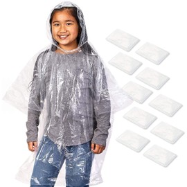 Juvale 10-Pack Disposable Rain Ponchos for Kids, Individually Wrapped, Bulk, Clear Plastic Raincoats with Hood for Emergency, One Size for Children, Boys and Girls, Transparent
