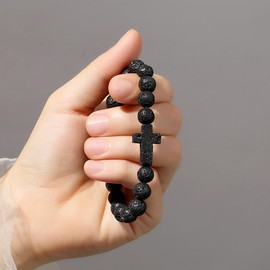 XIANNVXI Cross Bracelet for Men Women Black Bracelet Volcanic Stone Bracelet Crucifix Bracelet Christian Gifts for Men Baptism Gifts Rosary Bracelet Cross Charm Bracelet Jewellery