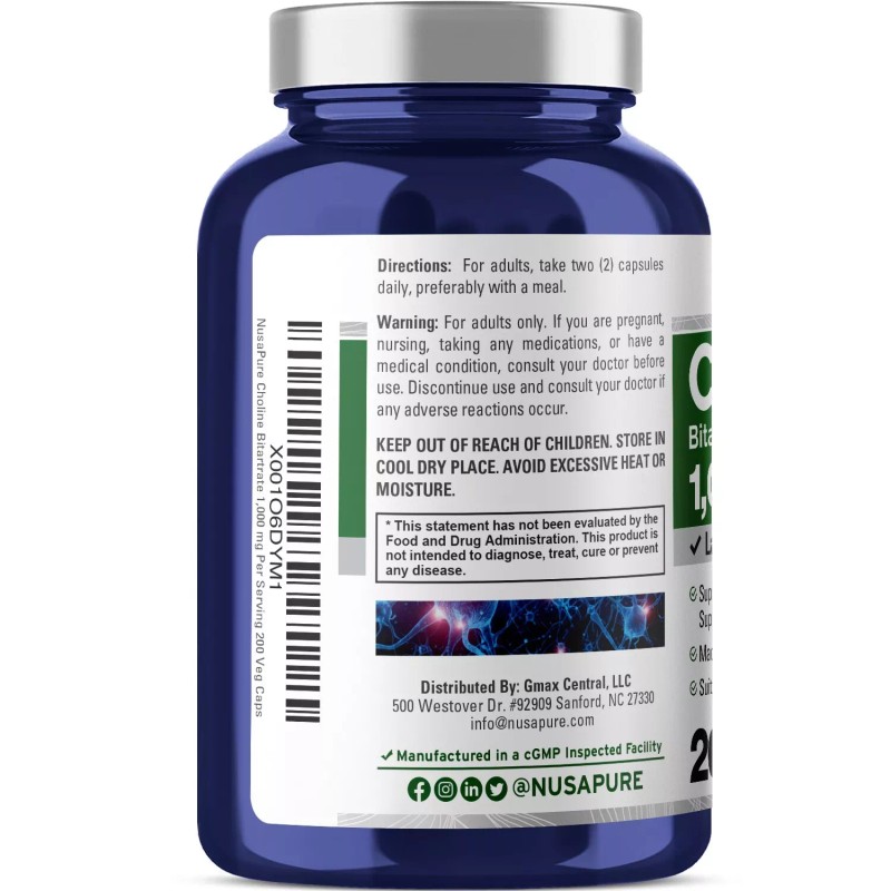 NusaPure Choline Bitartrate 1000 mg 200 Veggie Capsules (Vegetarian, Non-GMO)