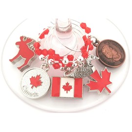 Canada Wine Charms, Canadian Glass Tags, Canadian Gifts, Canadian Flag Wine Glass Charms, Glass Tag Identifier, Moose Charm, Canadian Loon Charm, Maple Leaf Charm - 6 wine charms