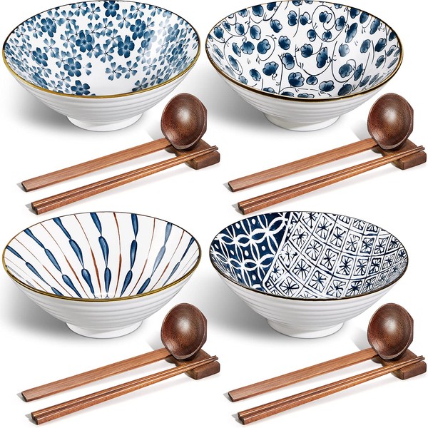 Geiserailie Ceramic Ramen Bowl, 40 oz Japanese Large Noodle Bowls with Spoons, Chopsticks and Chopsticks Stand for Udon, Soba, Pho, Noodles, Ramen, Salad and Soup, Set of 4 (Classic Style)