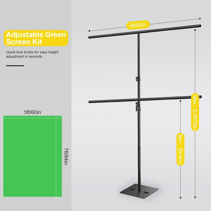 Qoolfoto Green Screen Backdrop Kit, 5x7ft T-Shaped Stand with Flat