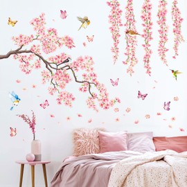 DECOWALL SG3-2320 Cherry Blossom Flower Wall Stickers Birds and Butterflies Wall Stickers Decals Removable Nursery Bedroom Living Room art home decor decoration flowers tree pink colorful floral
