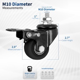 VIVO 2 inch M10 Threaded Locking Casters, Heavy Duty Replacement Wheels with Brakes, 1.5x25mm, 4 Pack Set, 360 Degree Swivel No Noise Rotation, All Floor Types, for Desk TV Stand or Cart, PT-DK-020C
