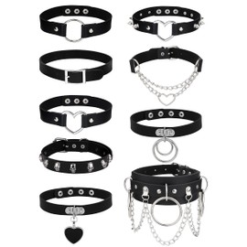 JeweBella 9PCS Gothic Choker Necklace Set for Women PU Leather Necklace Set Punk Chain Black Necklace Choker Rock Spike Leather Choker Necklace Love Heart Choker Adjustable
