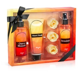Fine Fragrance Body Mist & Body Splash Gift Set – Luxury Self-Care Combo for Women and Girls (Cherry Blossom, Strawberry, Warm Vanilla, Rose Soap)