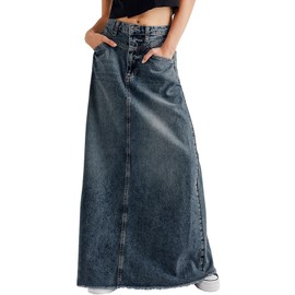 chouyatou Women's Vintage A-Line Frayed Maxi Denim Skirt Distressed High Waist Long Jean Skirt (Small, Blue)