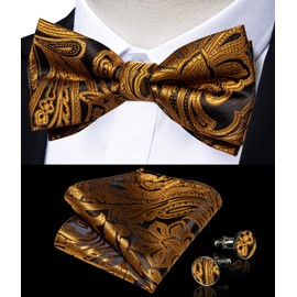 DiBanGu Bow Ties for Men Black Gold Paisley Pre-Tied Bowtie Adjustable Bowtie with Pocket Square Cufflinks Formal for Wedding Tuxedo