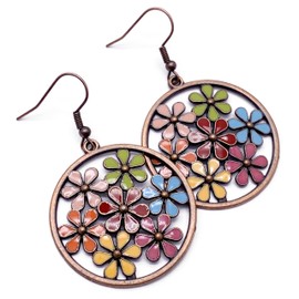 Large Round Earrings with Multi-Colour Enamel Flowers Antique Copper Color on Nickel Free Hooks : 55mm long, Circular Floral Drop Earrings, Flower Jewellery