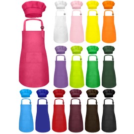 IAGBIBUI Kids Apron and Chef Hat Set, 30 Pieces Boys Girls Kids Apron with 2 Pockets Adjustable for Cooking Classroom Baking Painting, 6-13 Years, Multicolor