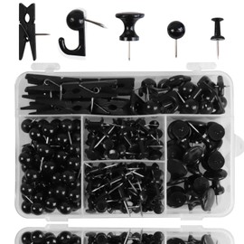 Push Pins Set, 200 Pcs Thumb Tacks Map Pins, Tacks, 5 Types Pushpins Thumbtacks for Cork Board Bulletin Boards Office Accessories (Black) | Vitalili
