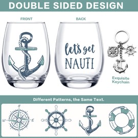 Dudjotc 4 PCS Nautical Stemless Wine Glasses with Keychain,Gift for Boater,17 OZ Beach Glasses Anchor Compass Helm Life Ring Coastal Gift for Birthday,Party,Pool,Fathers Day,Dishwasher Safe