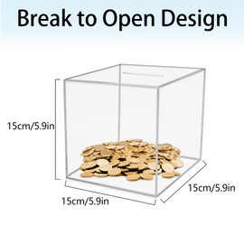 Money Box Not to Open, Acrylic Piggy Bank Transparent for Adults and Children, 15 x 15 x 15 cm