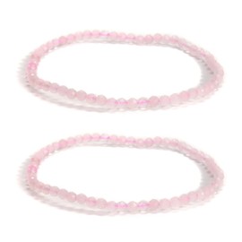 2 Pieces Per Bag 3mm Trendy Healing Genuine Real Rose Quartz Crystal Faceted Round Small Beads Beaded Stretch Bracelets 7.5'' Length for Women Men