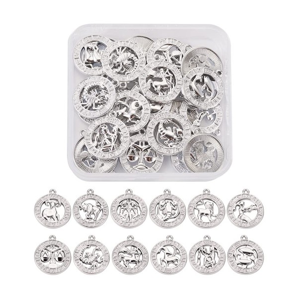Pandahall 24Pcs Twelve Constellation Zodiac Sign Charms Flat Round Zodiac