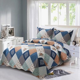Reversible Patchwork Quilt Bedding Set King Size Blue Green Grey Plaid Floral Pattern Bedspread Set Soft Microfiber Coverlets Bed Set 3 Pieces Fall Autumn All Season Use