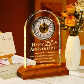YWHL 25th Wedding Anniversary Clock Gifts for Couple, 25 Years Anniversary Keepsake Gift for Wife Husband, Table Clock Glass Presents with Wooden Light Base for Home Decoration (Battery not Included)