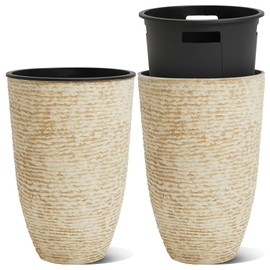 Worth Garden 2-Pack 21" H. Beige Tall Planters with Inside Pots - 14'' Dia Plastic Large Round Plant Tree Pots - Decorative Imitation Stone Finish for Indoor Outdoor Front Porch Container Patio