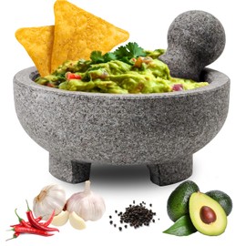 WhiteRhino Mortar and Pestle Set, 4 Cup Natural Unpolished Granite Molcajete Mexicano, 8-in Extra Large Guacamole Bowl, Motar Pestel Stone Grinder for Guacamole, Salsa, Spices, Herbs, Seasonings