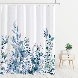 Tititex Blue Eucalyptus Leaves Shower Curtain, Watercolor Leaves Plant with Floral Bathroom Decoration Shower Curtain Sets 71x71 Inch with Hooks