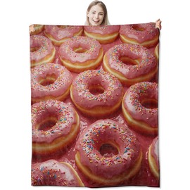 CUEBOS Donut Flannel Throw Blanket 50x60 Inch, Pink Delicious Frosted Sweet Food with Rainbow Sprinkle Blankets Soft Cozy Fleece Throws for Dessert Lover Bed Sofa Dorm Living Room Decor Gifts
