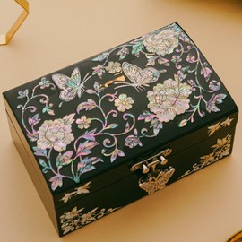 February Mountain Mother of Pearl Small Jewelry Ring Box - Gifts for best friends women, Thank you gifts, mom birthday gifts, Friendship Women Gifts Trinkets Keepsake Treasure box (Black-Butterfly)