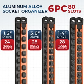 Reniteco Magnetic Socket Organizer Set, 6PC 1/2" 3/8" 1/4" Drive Aluminum Alloy Socket Holder with 80PC 360° Swivel Removable Clips, Magnetic Socket Rail for Tool Box Drawer, Black&Orange