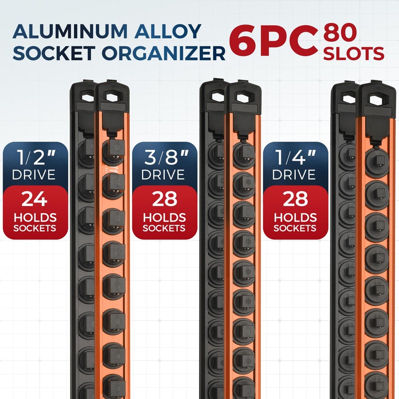 Reniteco Magnetic Socket Organizer Set, 6PC 1/2" 3/8" 1/4" Drive