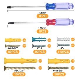 ZCGOINGTECH Kit 320 Piezas Taquetes y Tornillos, 5 Tamaños de Taquetes para Pared, Con 2 destornilladores, Apto para Diversos Tipos de Paredes, Como Hormigón, Azulejos y Madera
