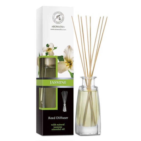 Jasmine Reed Diffuser w/ Natural Essential Jasmine Oil 3.4 Fl Oz (100ml) - Fresh & Long Lasting Fragrance - Scented Reed Diffuser - Gift Set w/ 8 Bamboo Sticks - Good for Aromatherapy - SPA - Home