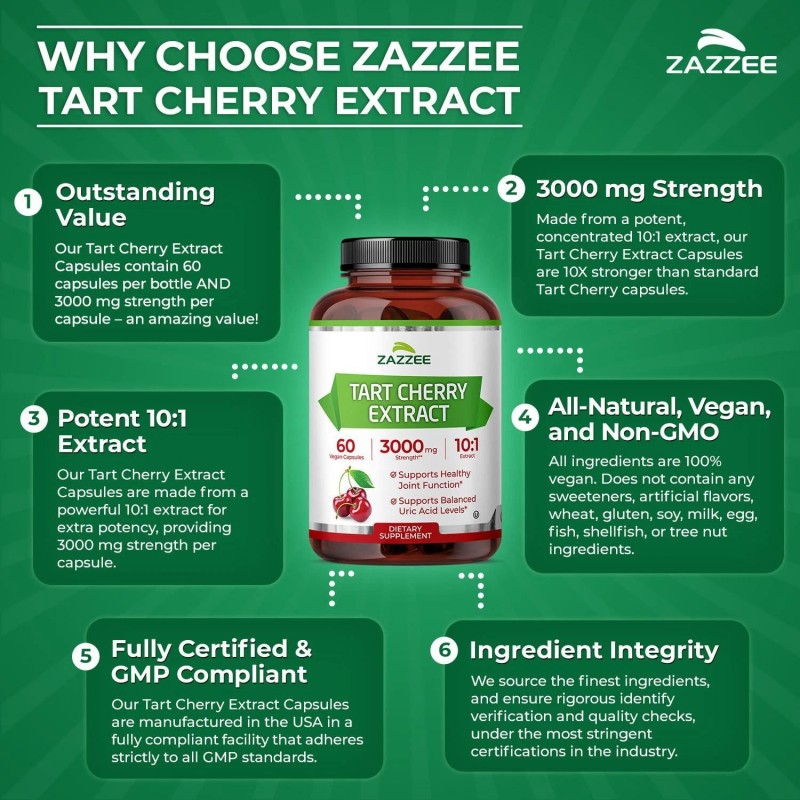Zazzee Tart Cherry 10:1 Extract, 3000 mg Strength, 60 Vegan