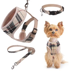 SCENEREAL No Pull Dog Harness Collar and Leash Set Small Medium Sized Dog, Soft Mesh Step in Puppy Harnesses, No Chock Plaid Adjustible Pet Vest for Outdoor Walking Training and Running, Beige XS