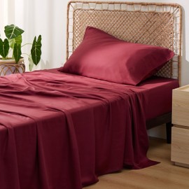 Bedsure Twin Sheets Set, Cooling Sheets Twin Size Bed Set, Rayon Derived from Bamboo, Twin Size Sheets, Breathable & Soft Bed Sheets, Hotel Luxury Silky Bedding Sheets & Pillowcases, Burgundy