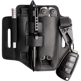 Multitool Belt Sheath, EDC Leather Belt Organizer, Belt Holder with Multitool Pouch, Flashlight Holder, Pen Holder and  Clip, Practical EDC Belt Pouch for Men - Color: B-Black
