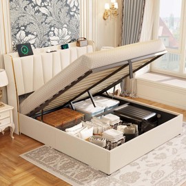 koorlian Lift Up Storage Bed Frame Queen Size with Type C & USB Charging Port and Adjustable Wingback Headboard, Velvet Upholstered Lift Up Storage Platform Bed Frames No Box Spring Needed, Beige