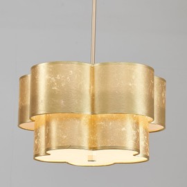 Shrine Lighting Chandeliers, Modern Design, Perfect Drum Pendant Light for Dining Room, D17.3'' × H9.4'', Adjustable 35'', 4 x E12 Sockets, Two Cloth Gold Lampshades & Gold Frame Finish