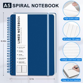 Lined Spiral Journal Notebook, A5 Hardcover Leather Notebook for Work, 5.7''×8.2'', 100GSM Thick Paper Spiral Bound Journaling Notebooks for Women & Men Office School Note Taking Business, Blue