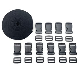 JZK 10m Nylon Webbing Strap, Heavy Duty Black Webbing Tape Band with 10 Sets Adjustable Flat Side Release Buckles and Tri Glide Slides Clip, for DIY Backpack Luggage Strap