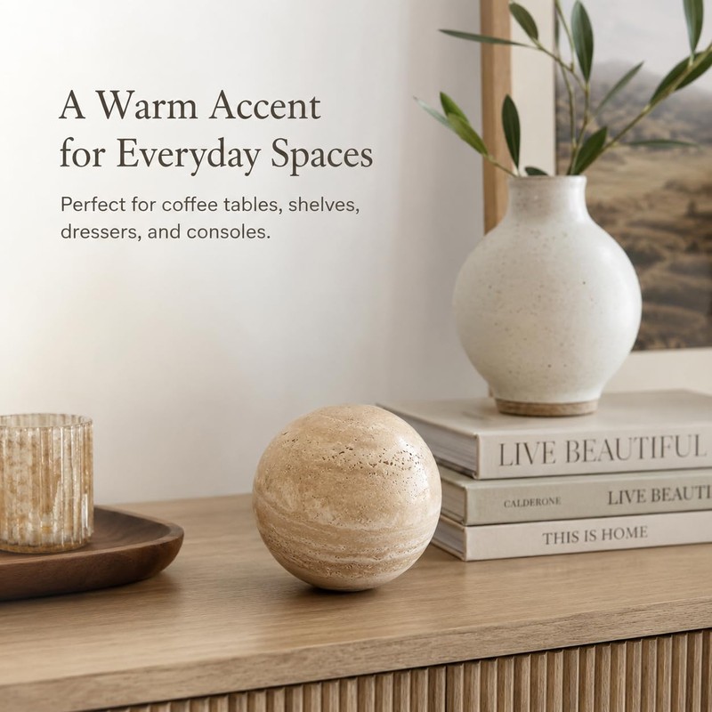 Artisanal Abode Natural Travertine Decorative Sphere, 3.94 Inch Stone Ball