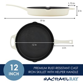 Rachael Ray NITRO Cast Iron Frying Pan/Skillet with Helper Handle and Pour Spouts, 12 Inch, Almond