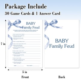 TRKAE Baby Family Feud Game Set, 30 Blue Bow Baby Shower Party Game Cards with Answer Card, Gender Reveal Party Announcement & Activities Supplies -B04
