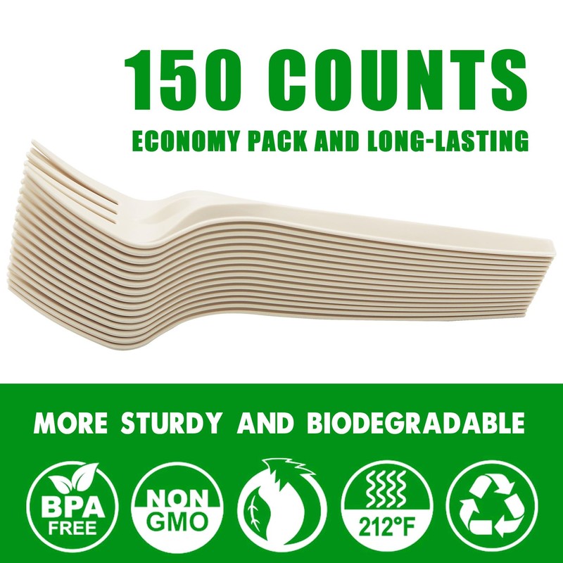 Compostable Forks 150 Count Disposable Forks Cutlery Heavy-Duty Utensils for