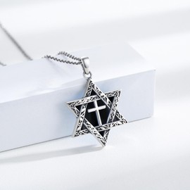 ABIGY Onyx Star of David Necklace 925 Sterling Silver Star of David Necklace Cross Onyx Pendant Hexagram Necklace Jewish Amulet Jewellery Suitable for Men Women Gifts, Sterling Silver, Onyx