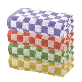 sourcing map 4 Pcs Bathroom Hand Towels Yellow/Green/Red/Purple Soft Absorbent Face Towels Cotton Wash Cloths 13 x 29 Inch Kitchen Hand Towels for Bathroom Gym Drying Hand(Checkered Pattern)